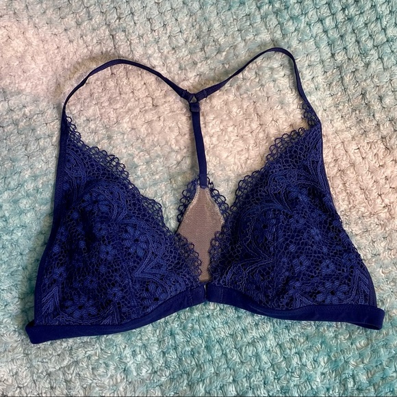 Victoria Secret Womens Small Royal Blue Lace Floral Front Close Bralette T Back - Picture 3 of 5